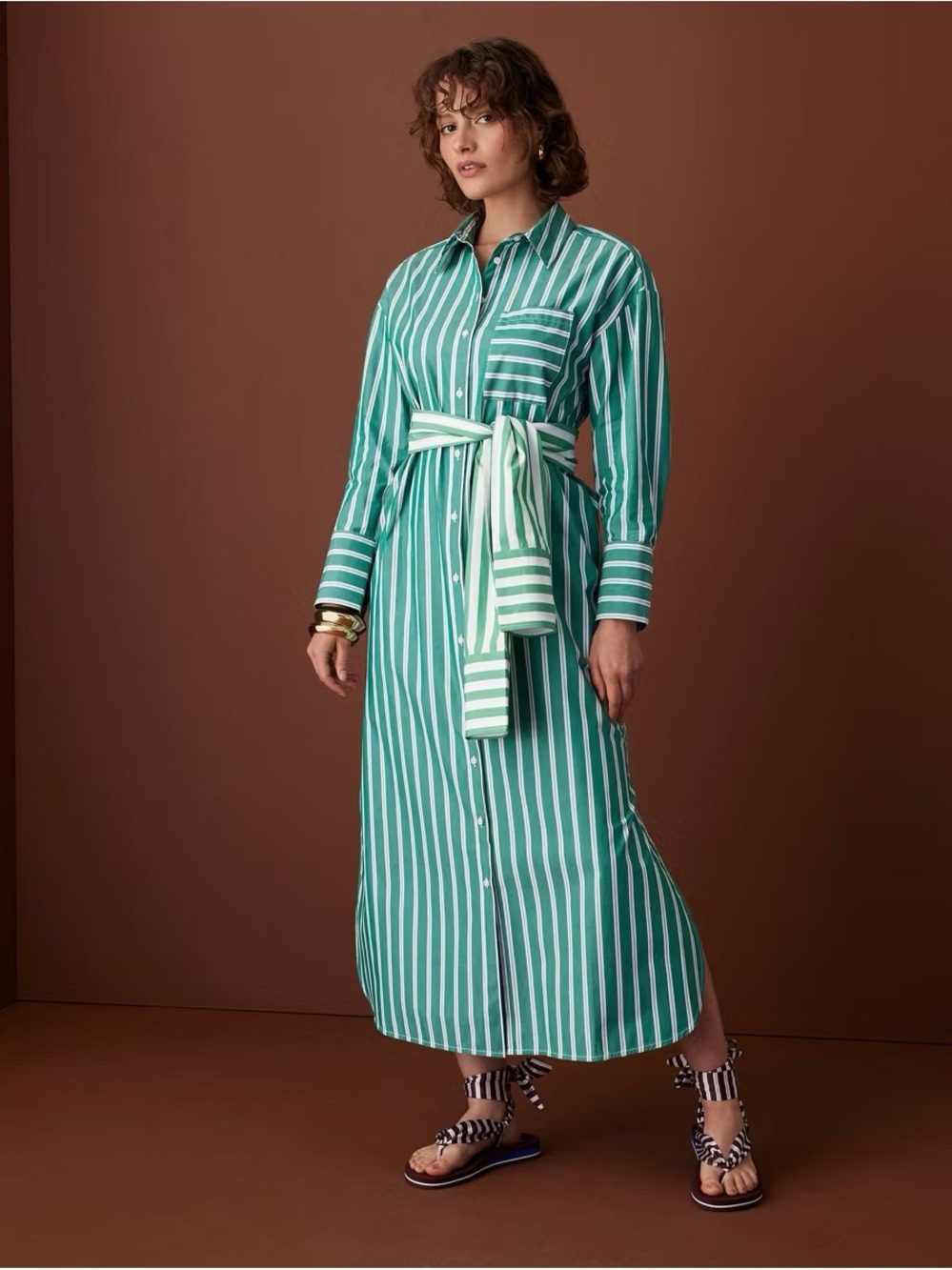 Rosie Assoulin Green and White Striped Long-Sleeve Shirt Dress